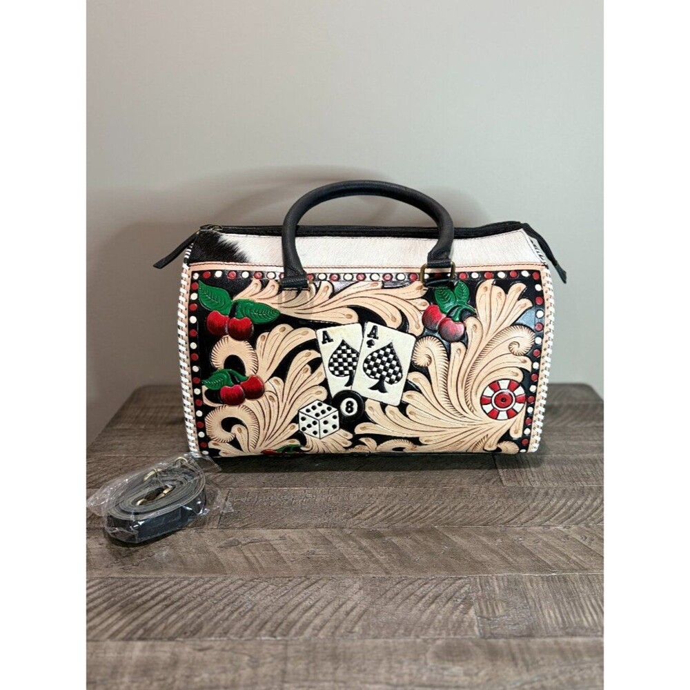 Hand Painted Tooled Leather Large Satchel Barrel Bag Cowhide Leather